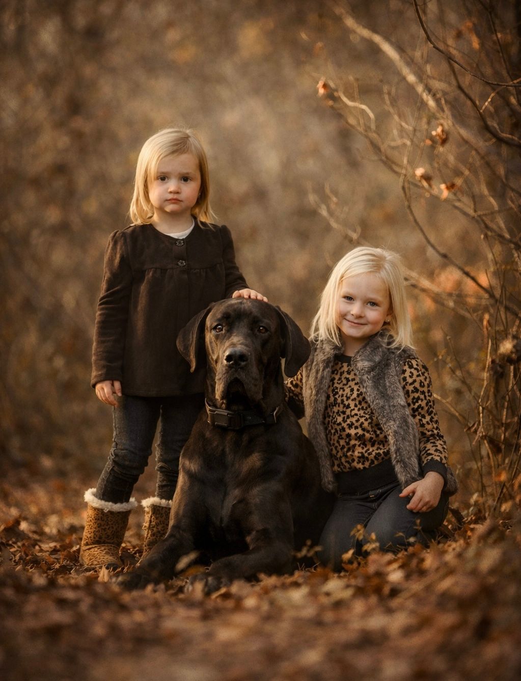 Two blonde girls pose with a black Great Dane dog among autumn leaves in a warm forest setting.