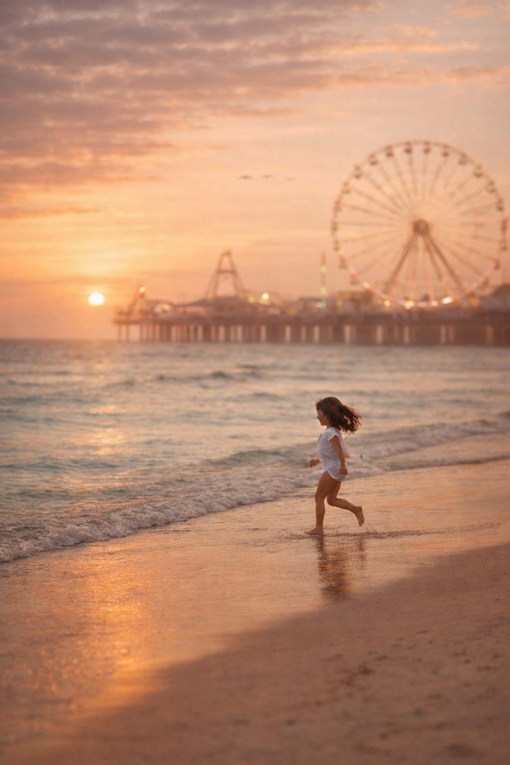 A young girl runs along a sandy beach at sunset with a ferris wheel and pier glowing in the golden background.
