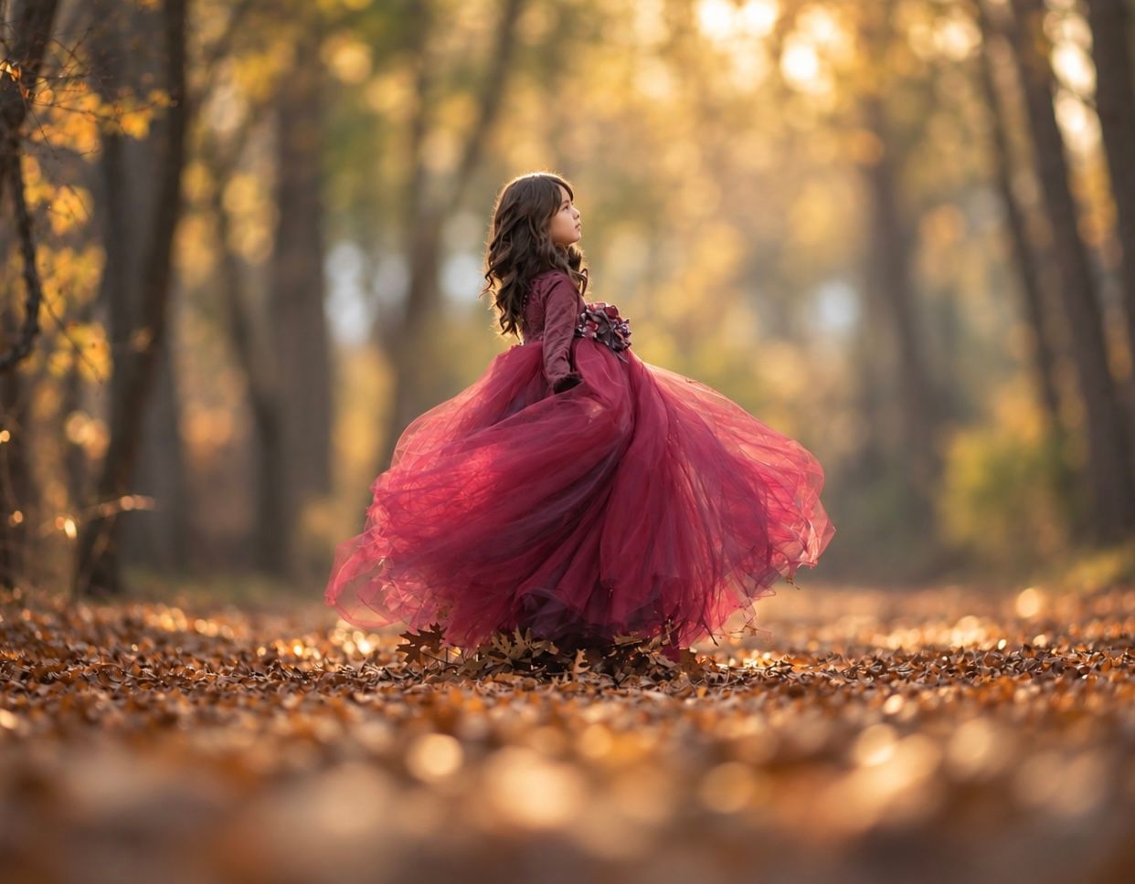 A young girl twirls in a flowing red gown among autumn leaves in a golden forest.