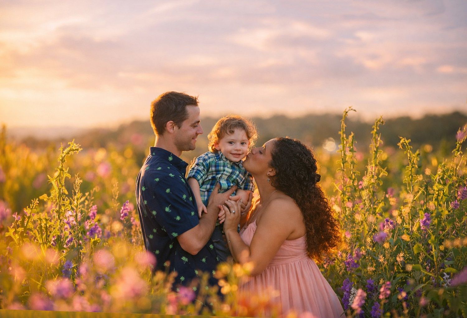 Parents hold and kiss their smiling toddler in a colorful wildflower meadow at sunset, creating a warm family portrait.