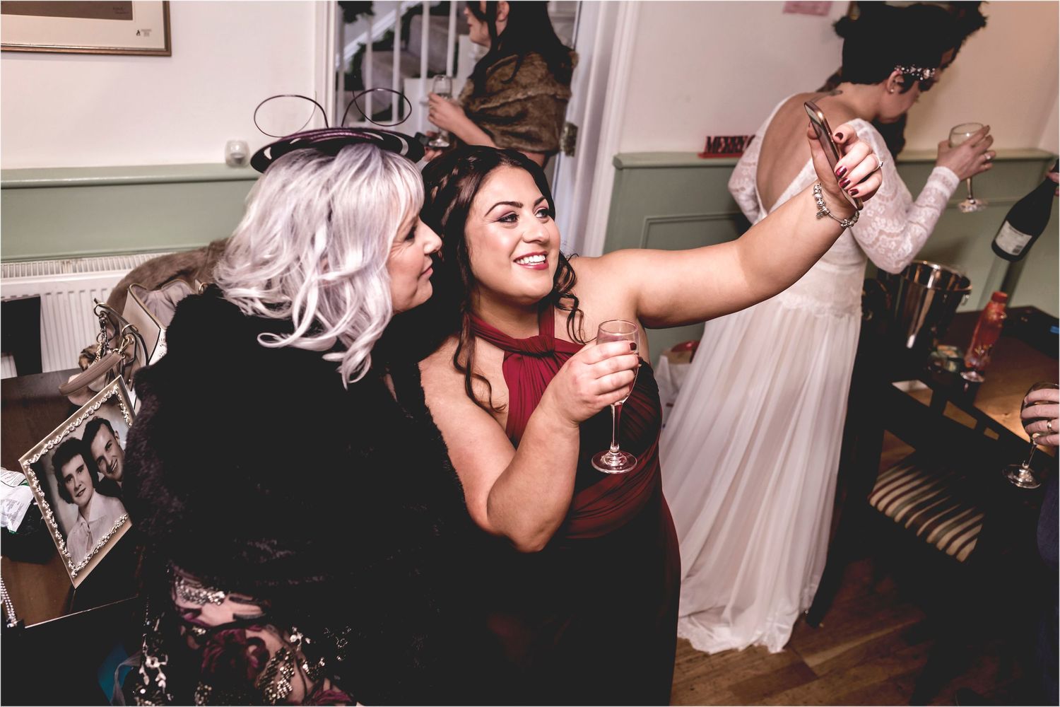 Series of candid party photos showing people dancing and celebrating at what appears to be a wedding reception.
