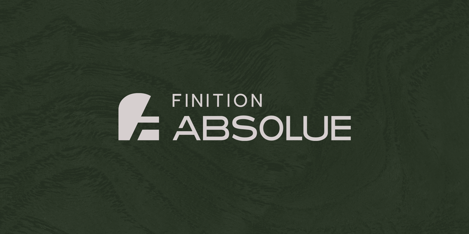 Three white text logos for Finition, Absolue and Aura displayed on a dark green textured background.