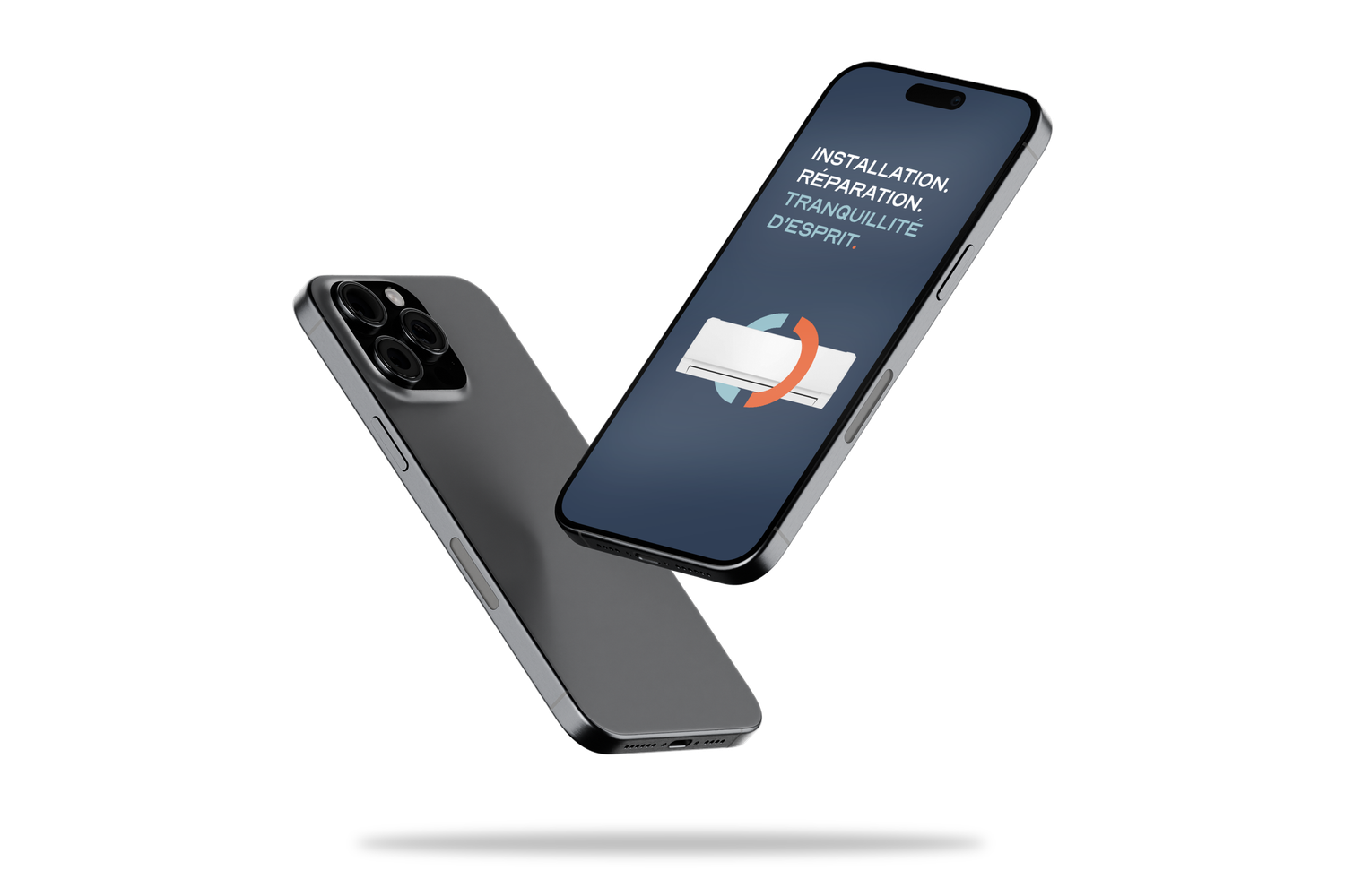Floating black smartphone displaying messaging interface next to another phone in dark gray.