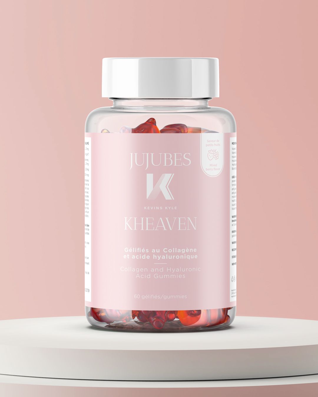 Kheaven collagen and hyaluronic acid gummy supplements in a clear bottle on a white pedestal.