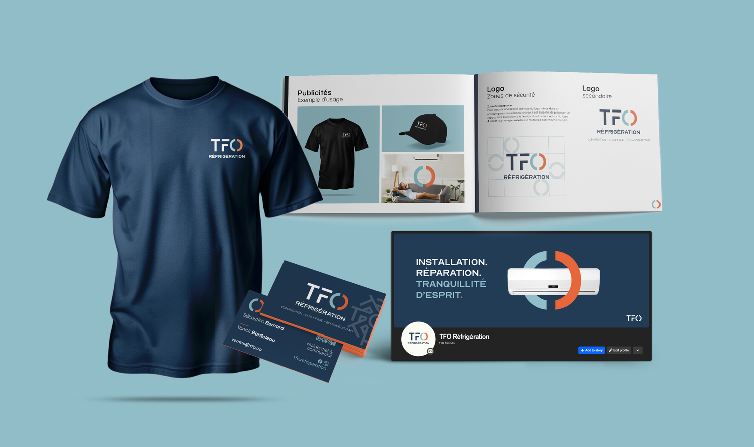 Modern branding mockup set featuring navy blue t-shirt and business cards with geometric design elements.