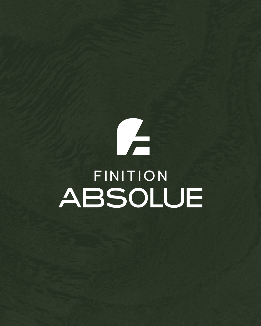 Three minimalist white text logos for Finition and Absolue brands on dark green textured backgrounds.