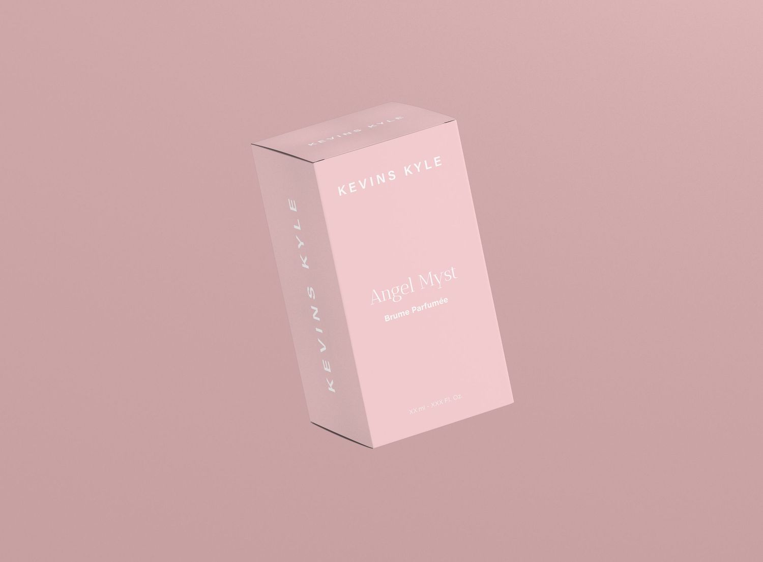 Pink Kevin Kyle Sweet Musk perfume box packaging displayed at an angle on a soft pink background.