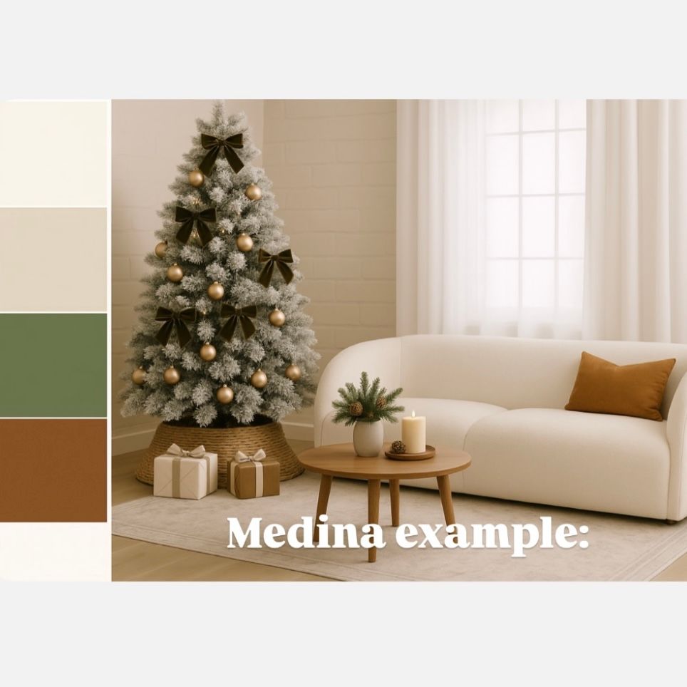 Cozy living room with a frosted Christmas tree decorated in gold and green tones beside a white sofa.