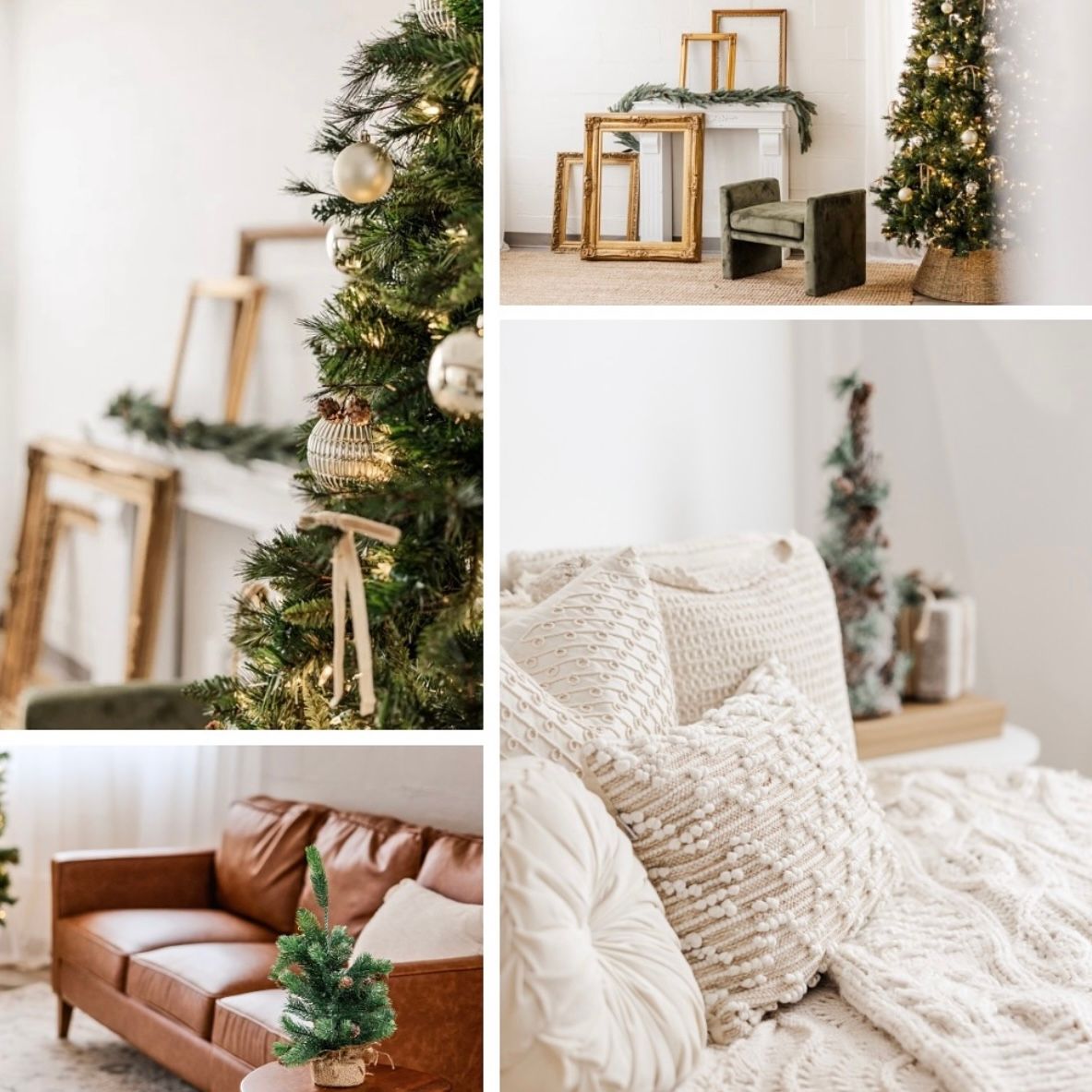 Festive holiday photography studio collage featuring Christmas trees, wooden frames, leather couch, and cozy knit throw pillow.