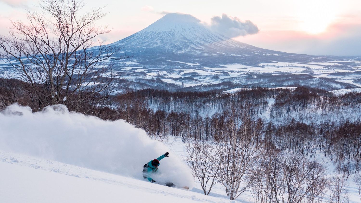 Panoramic winter landscape with snow-covered mountains and bare trees at sunset.