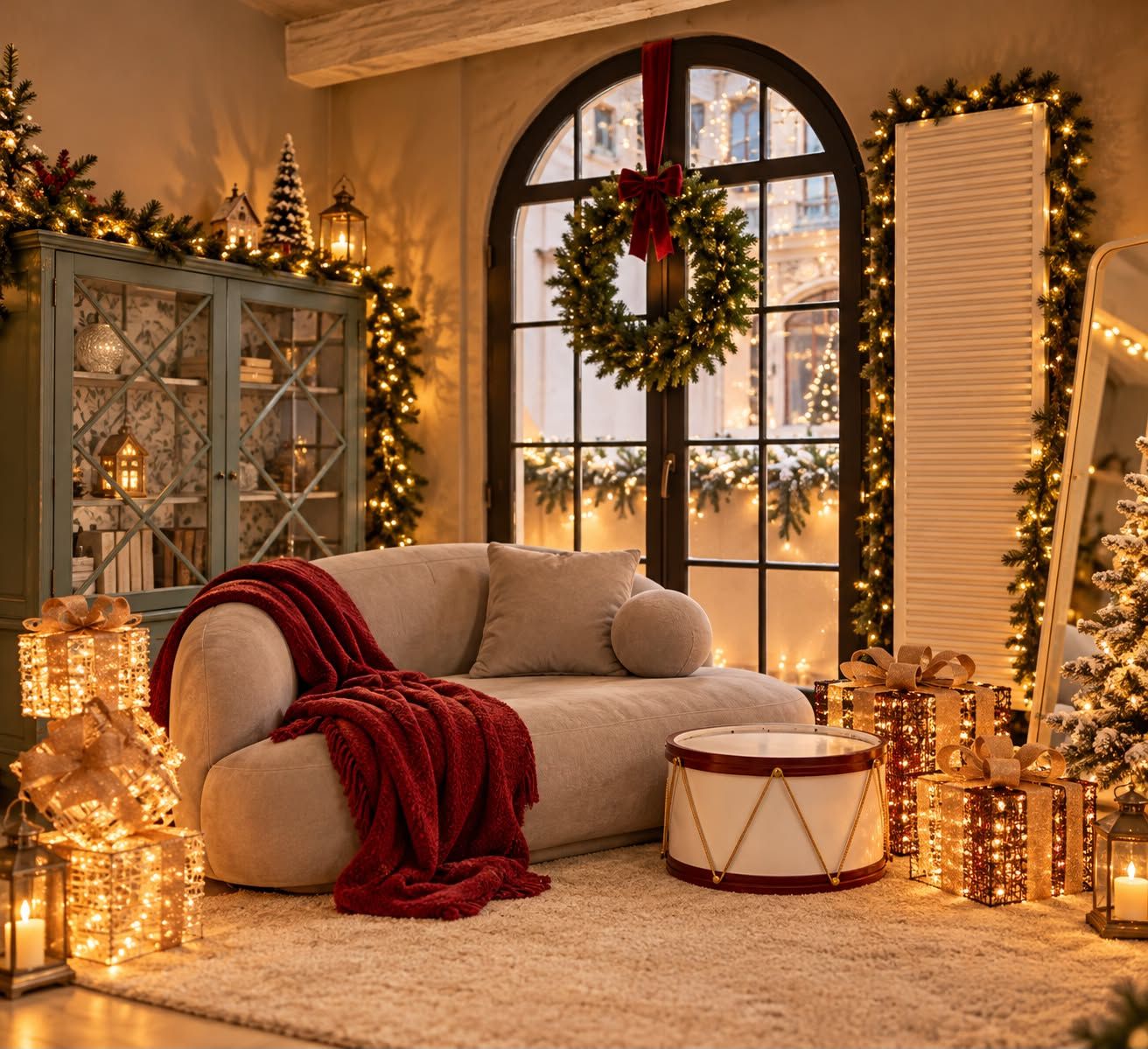 Cozy Christmas living room with a cream sofa, red knit throw, wreath-adorned arched window, string lights and glowing gift boxes.