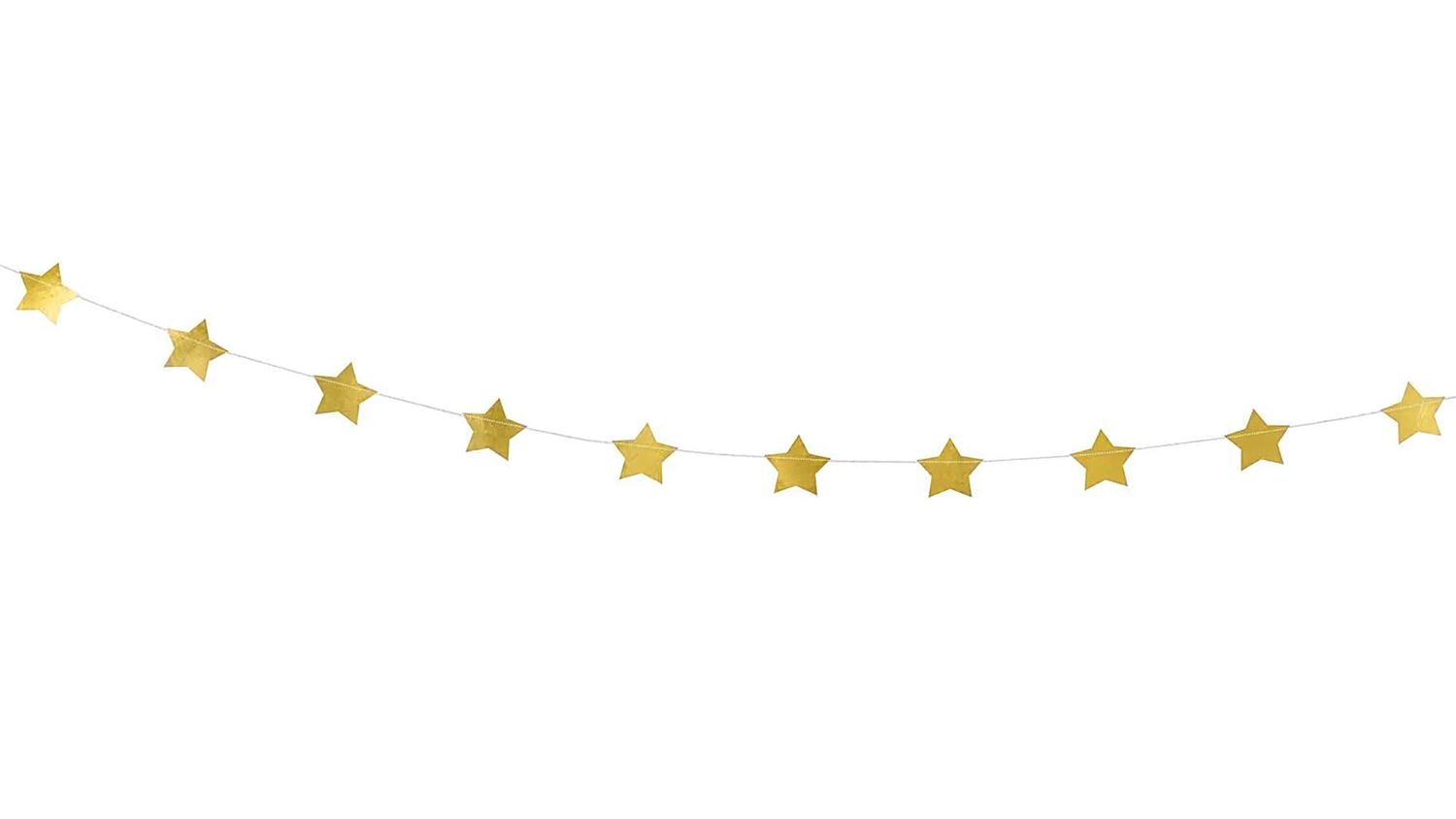Gold glitter star garland strung on thin white string, a sparkling party decoration for birthdays, holidays and celebrations.