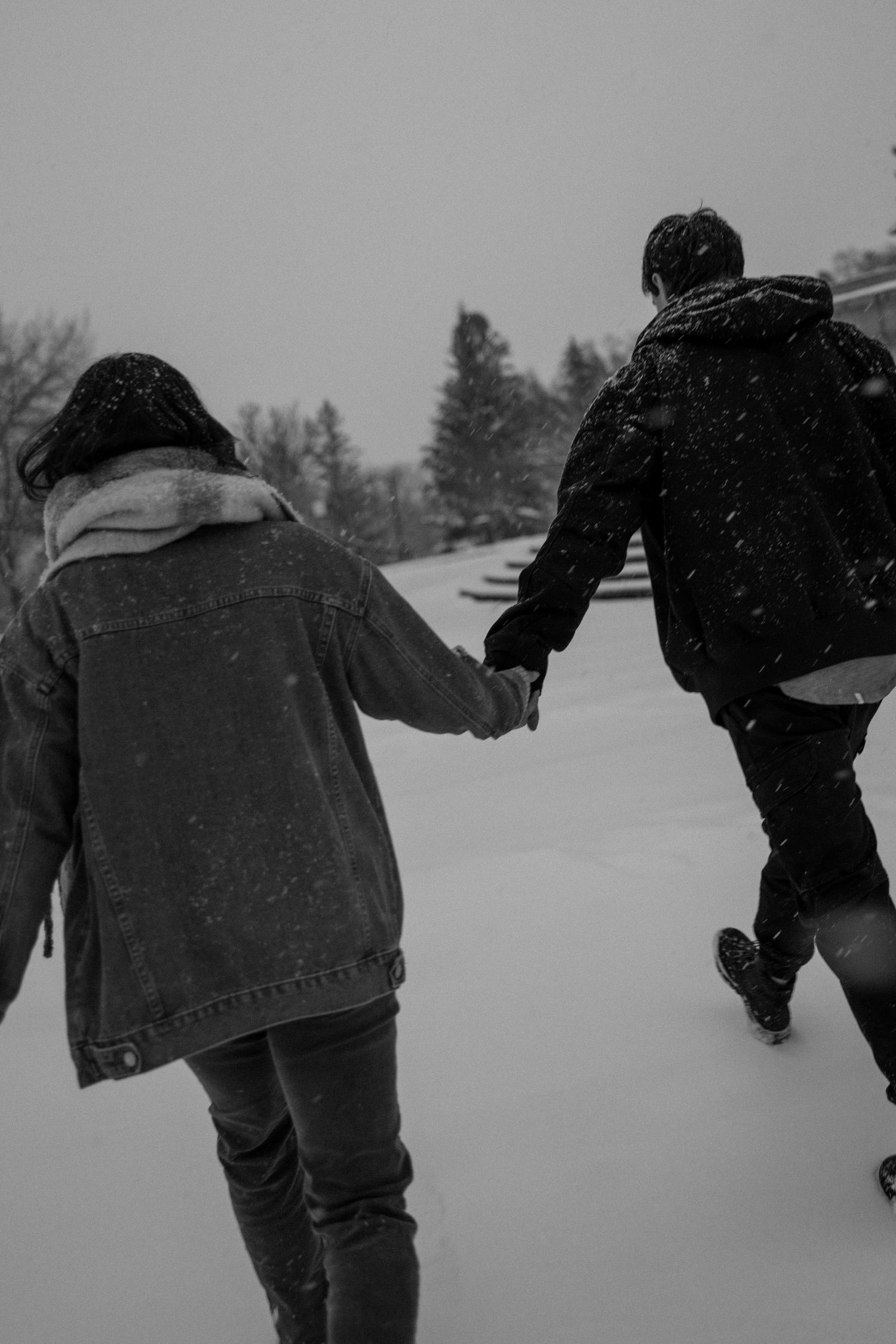 Couple holding hands walking through heavy snowfall in winter landscape, rear view black and white photo. Taken in Edmonton, Alberta, Canada