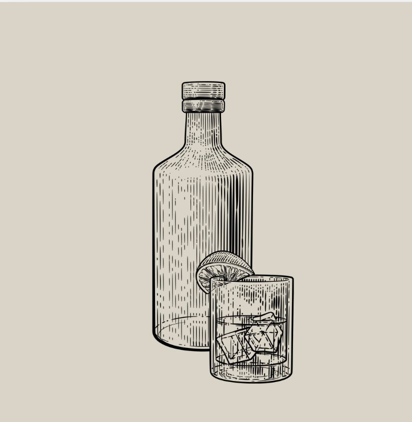 Vintage engraving illustration of a glass liquor bottle beside a rocks glass with ice and citrus.