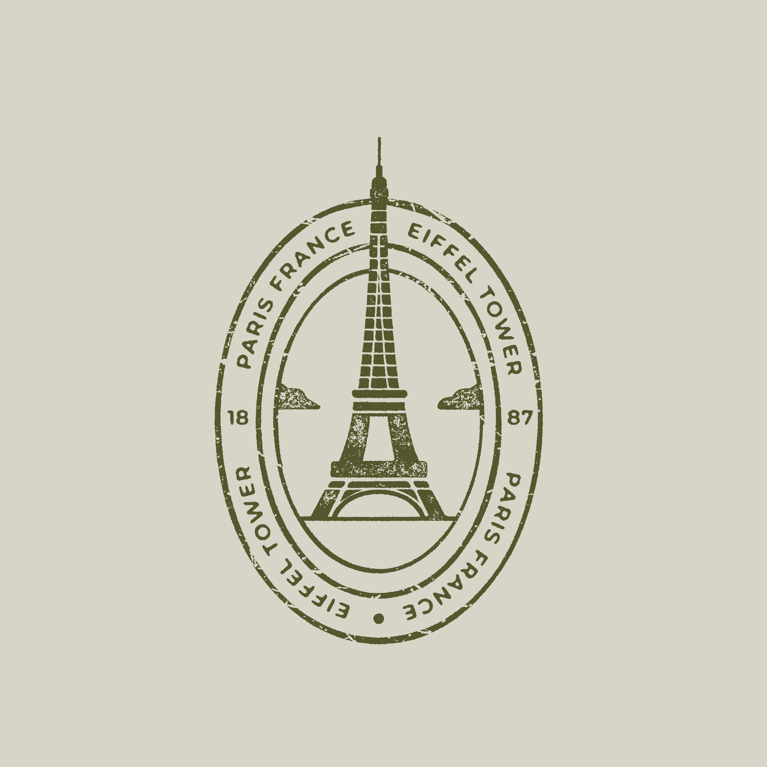 Vintage oval stamp logo featuring the Eiffel Tower with Paris France text in olive green.