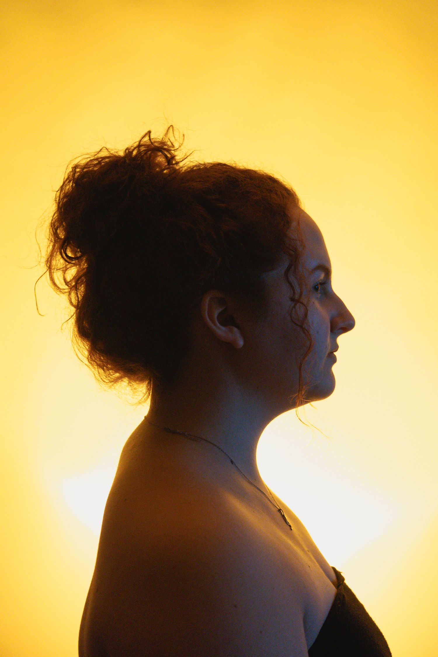 Silhouette profile of young woman with curly updo hairstyle against bright warm golden background.