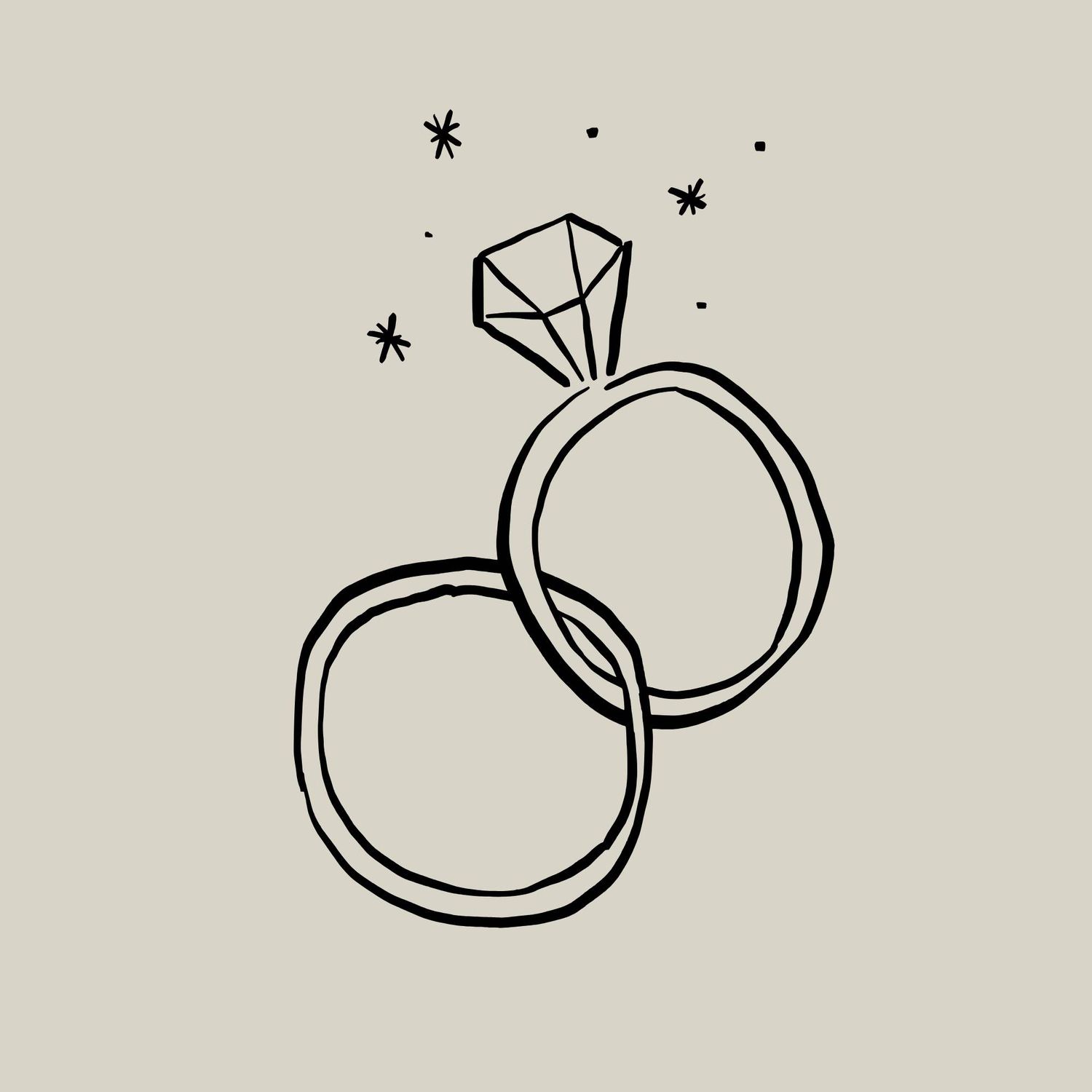 Minimalist line art illustration of two intertwined wedding rings with a diamond solitaire and sparkling stars.
