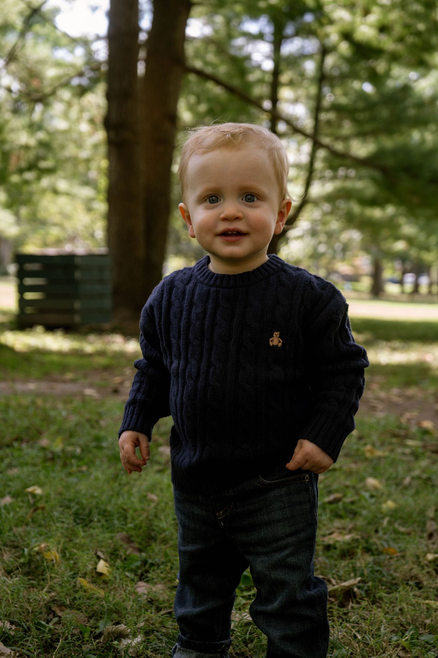 Adorable blonde toddler in navy cable-knit sweater smiling while standing on grass in a sunny park.