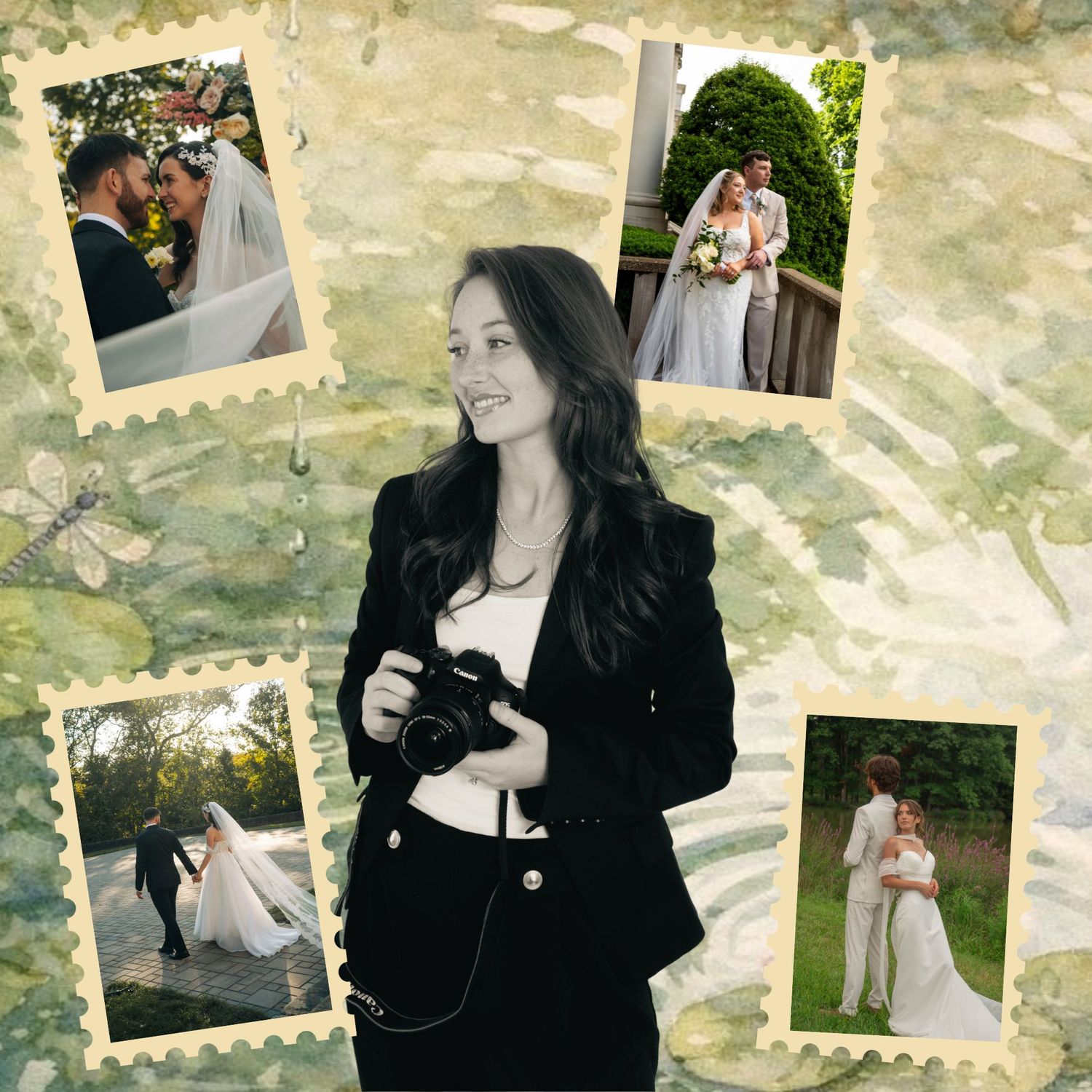 Wedding photographer smiling holding camera surrounded by vintage stamp-style wedding photo collage.