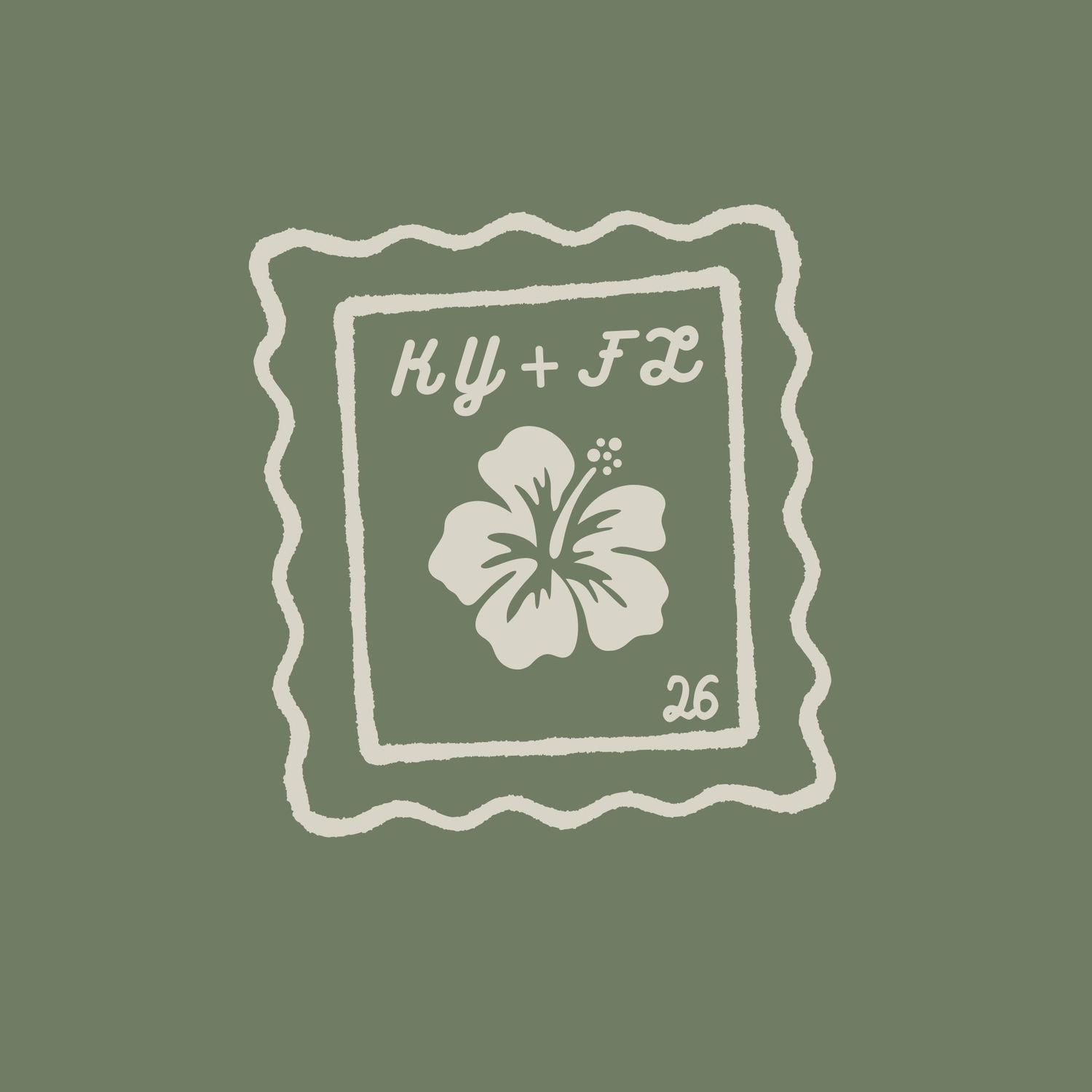 A sage green vintage stamp wedding logo design featuring initials HY and FL with a hibiscus flower and number 26.