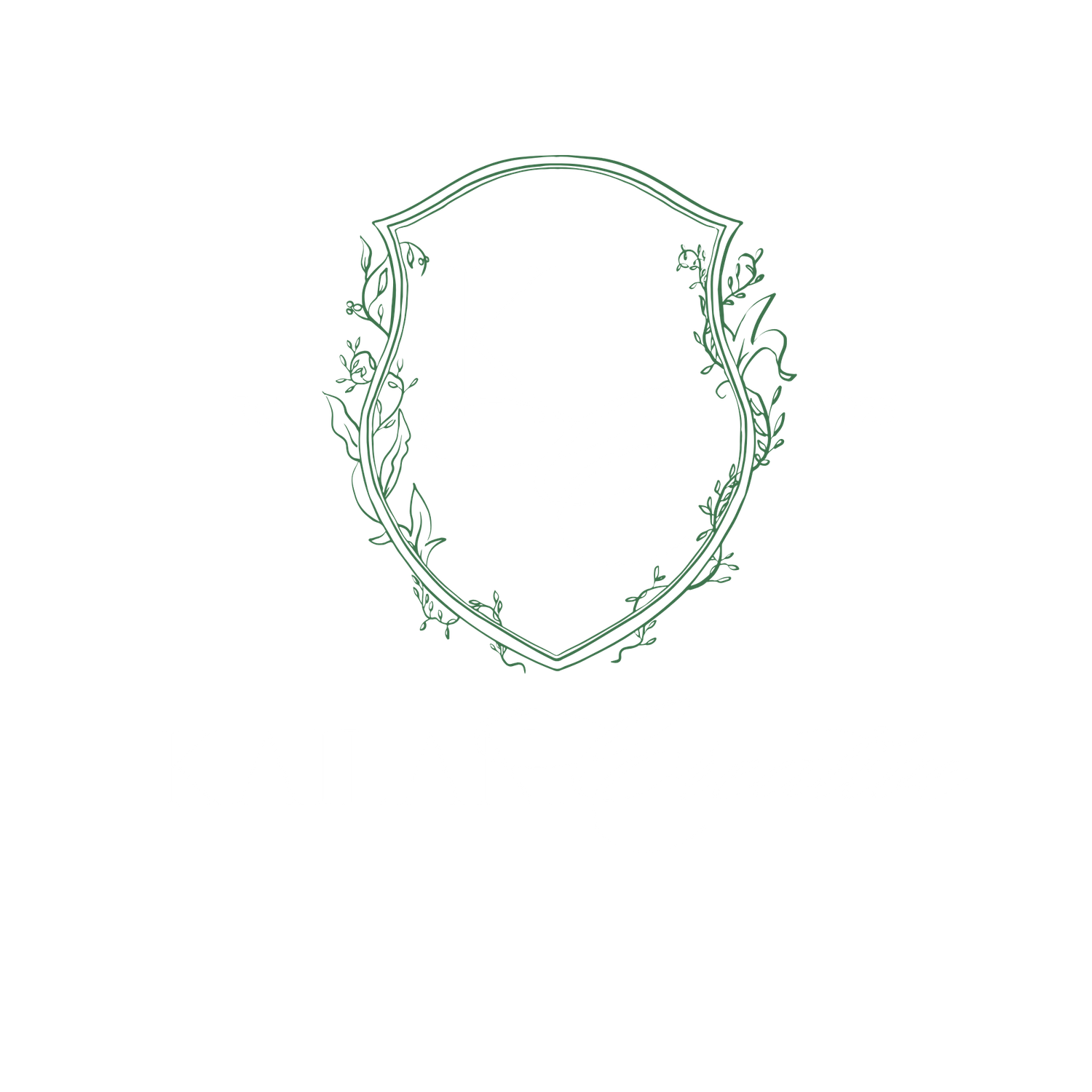 Elegant green botanical crest emblem with delicate vine and leaf wreath border on white background.