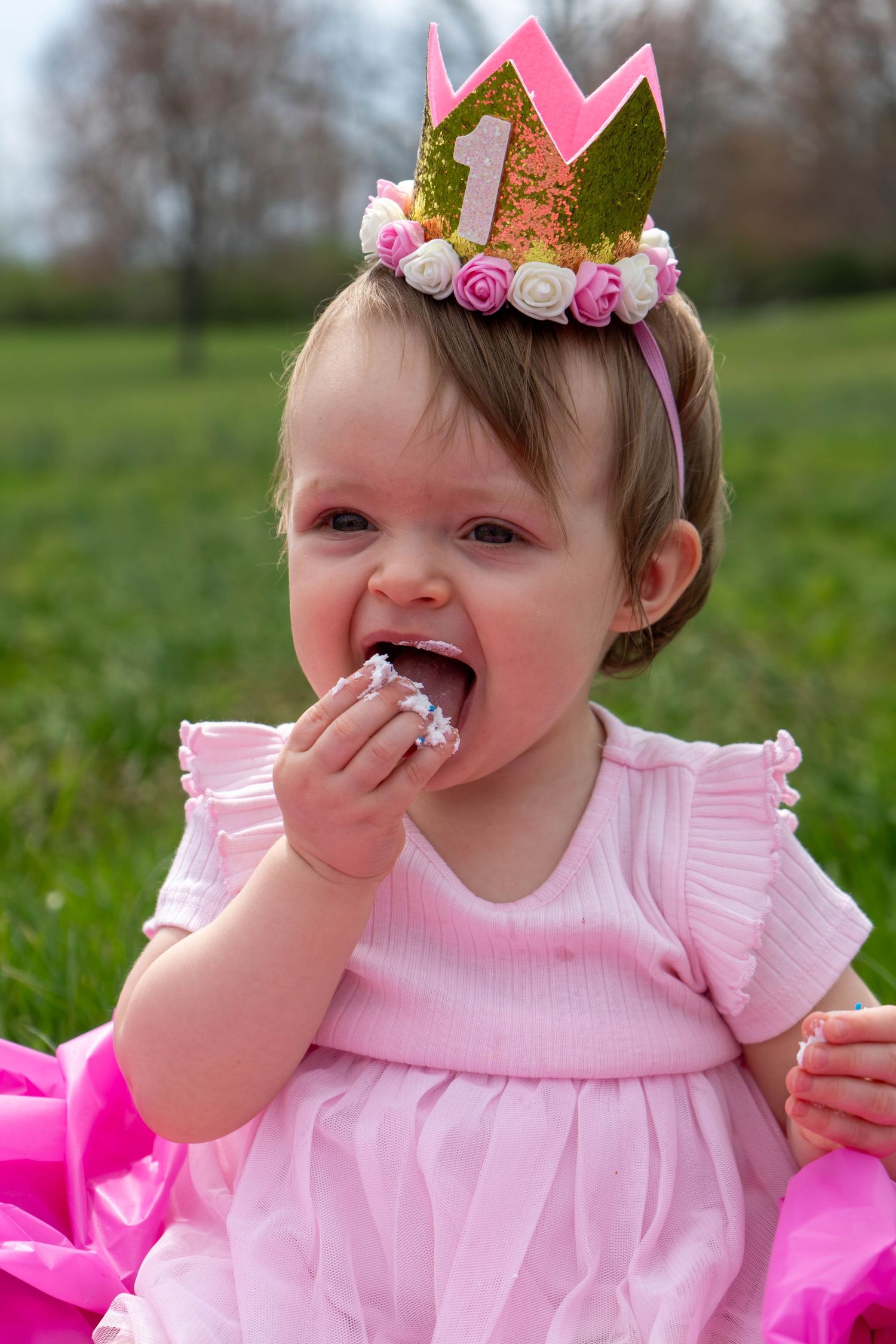 Cute one-year-old baby girl in pink dress and crown eating birthday cake during outdoor smash cake session.