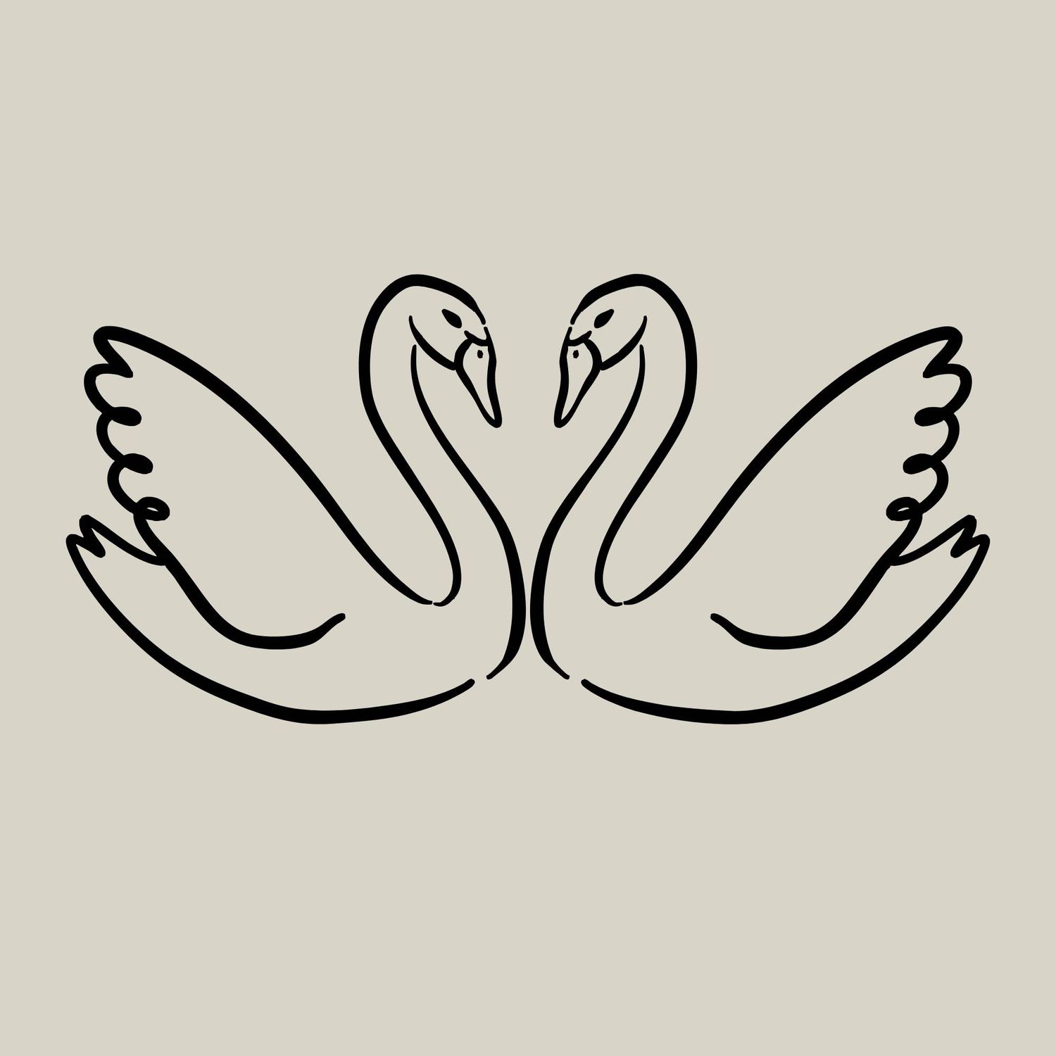 Two elegant swans facing each other forming a heart shape, minimalist line art on beige background.
