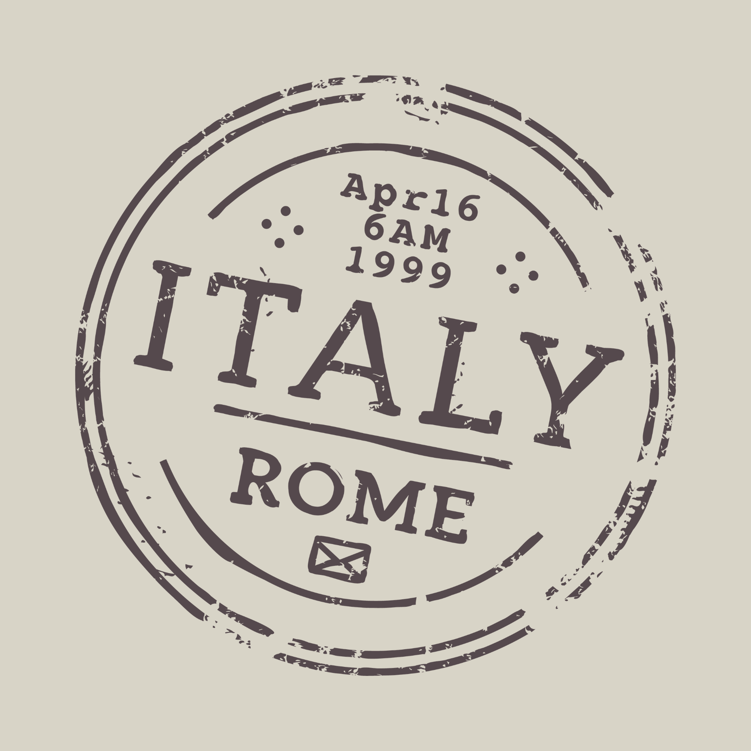 Vintage grunge postal stamp design featuring Italy Rome text with Apr 16 1999 6AM date and envelope icon.