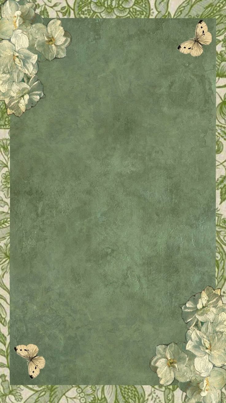 Vintage green textured frame with delicate white floral borders and butterflies, perfect for elegant stationery or nature-themed designs.