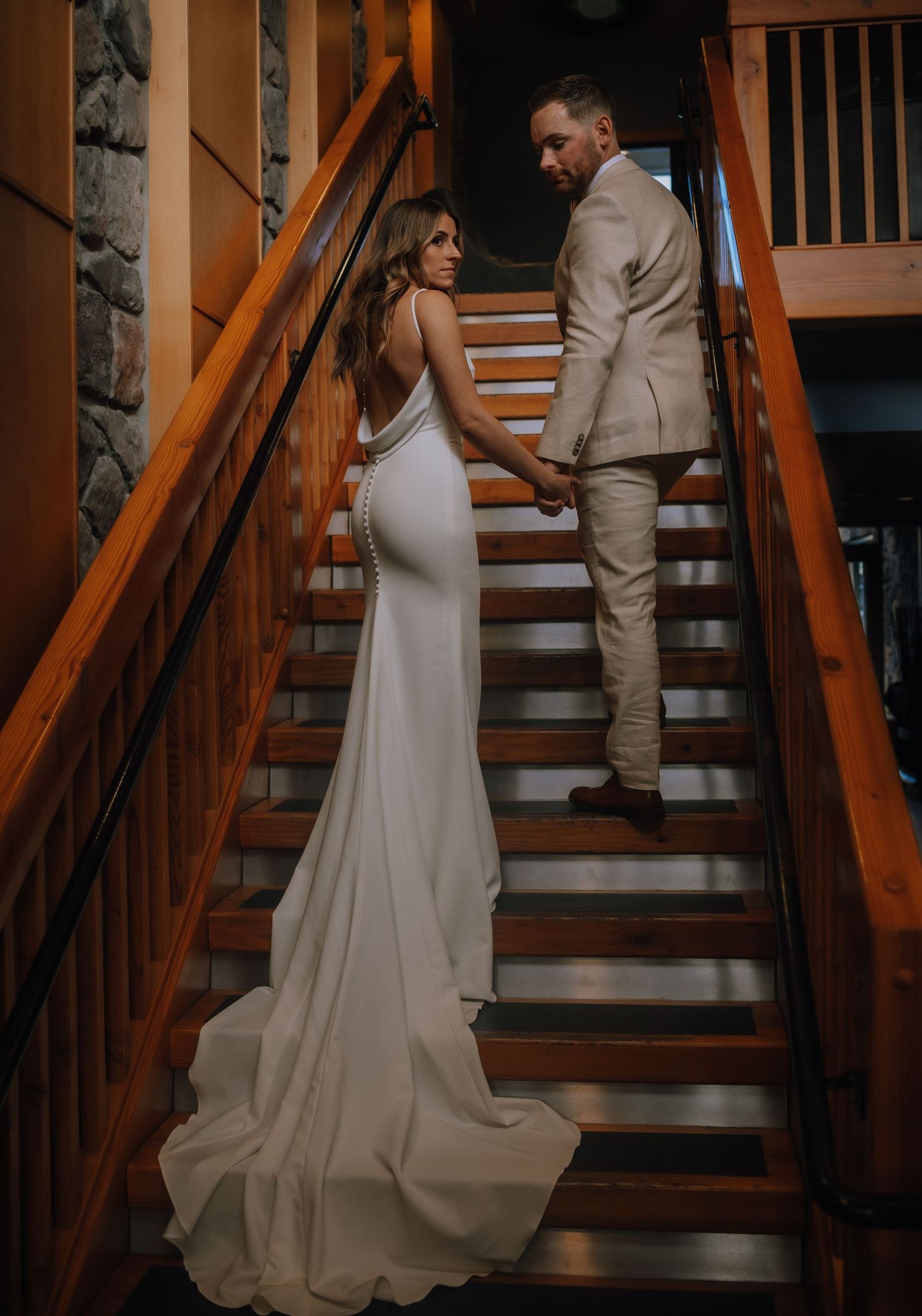 The Beach Club Resort parksville staircase bride and groom indoor portraits, hotel wedding, resort wedding photographer