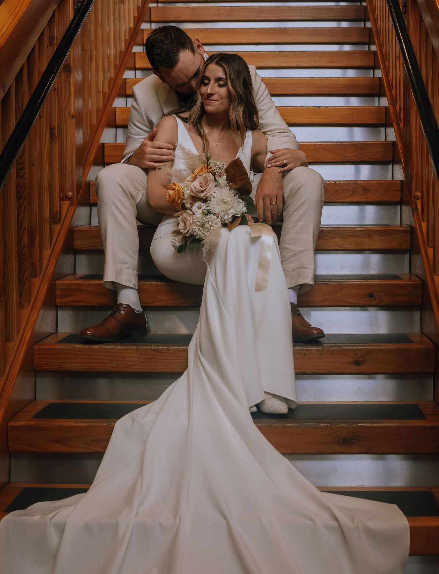 The Beach Club Resort parksville staircase bride and groom indoor portraits, hotel wedding, resort wedding photographer