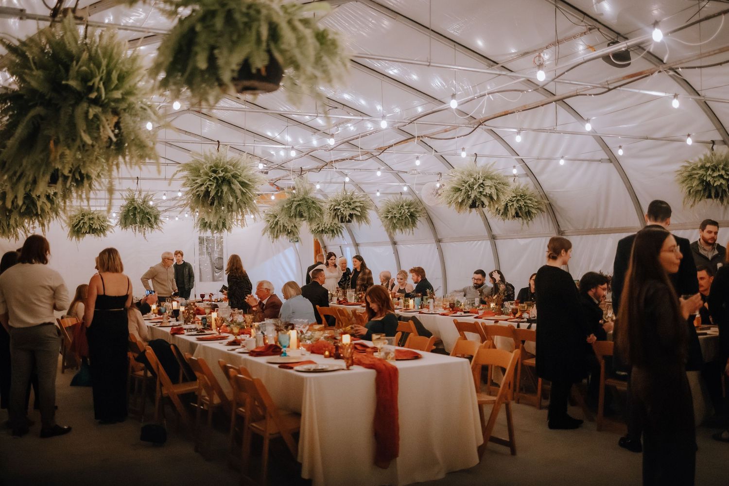 twinkly light wedding reception in a greenhouse