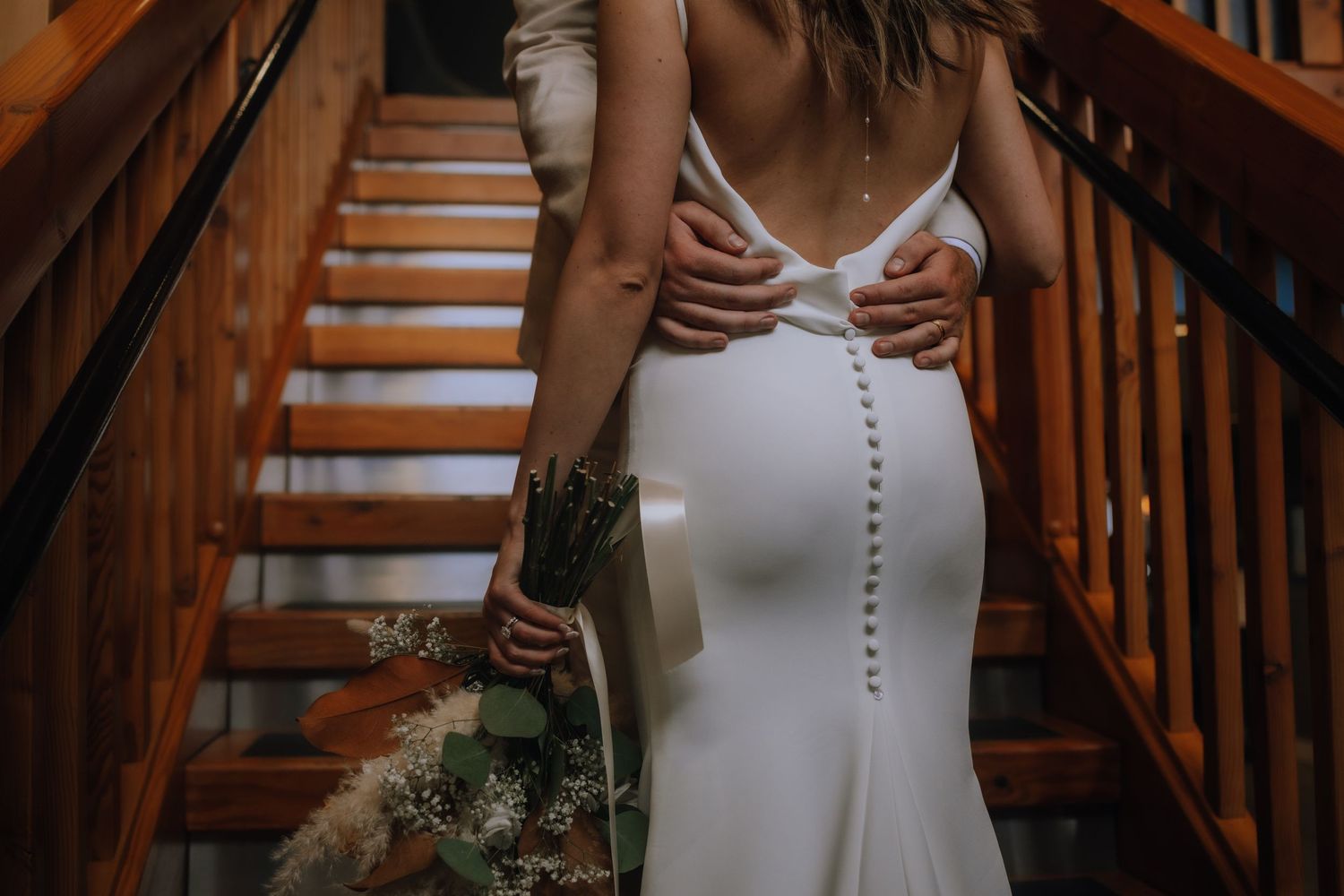 The Beach Club Resort parksville staircase bride and groom indoor portraits, hotel wedding, resort wedding photographer