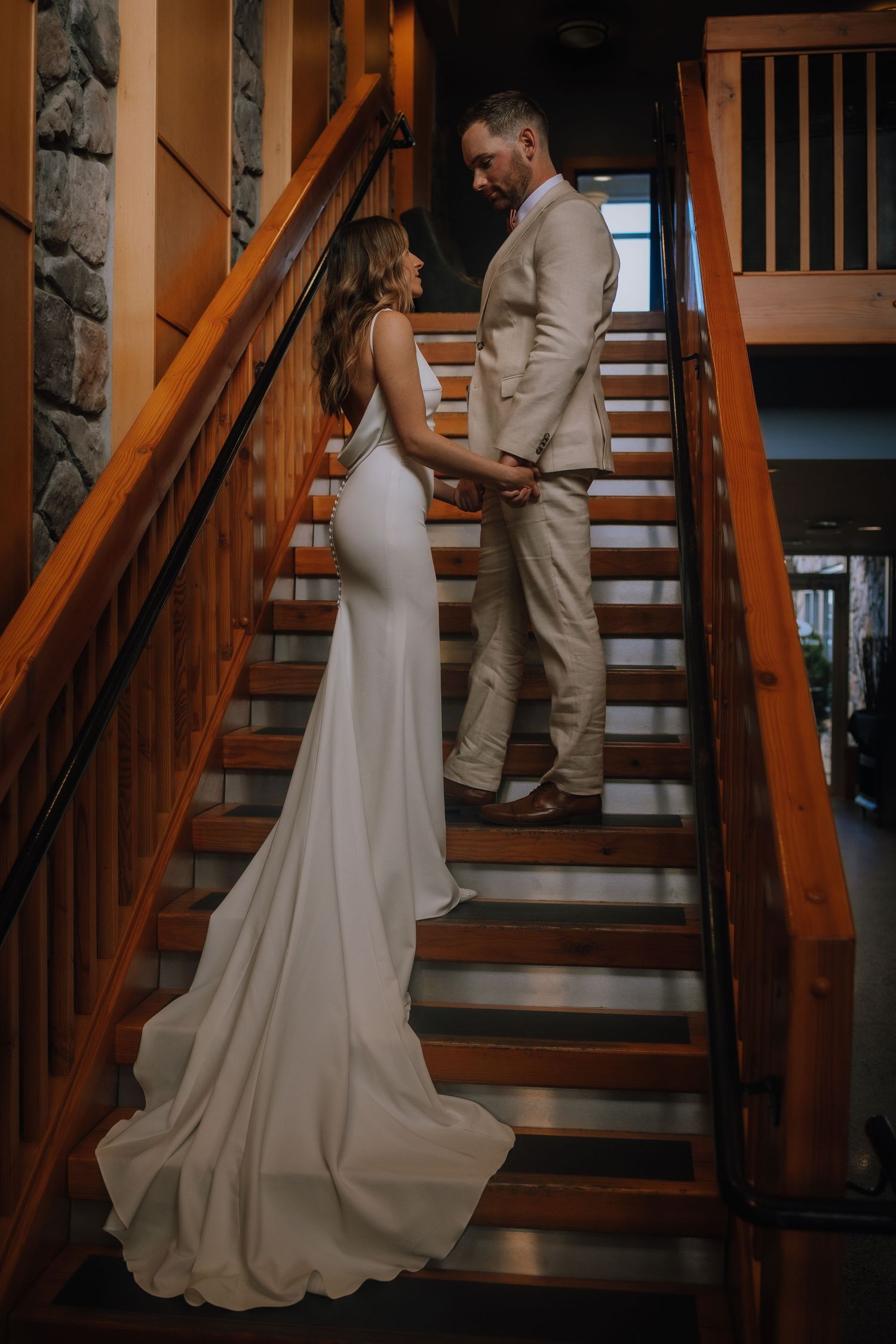 The Beach Club Resort parksville staircase bride and groom indoor portraits, hotel wedding, resort wedding photographer