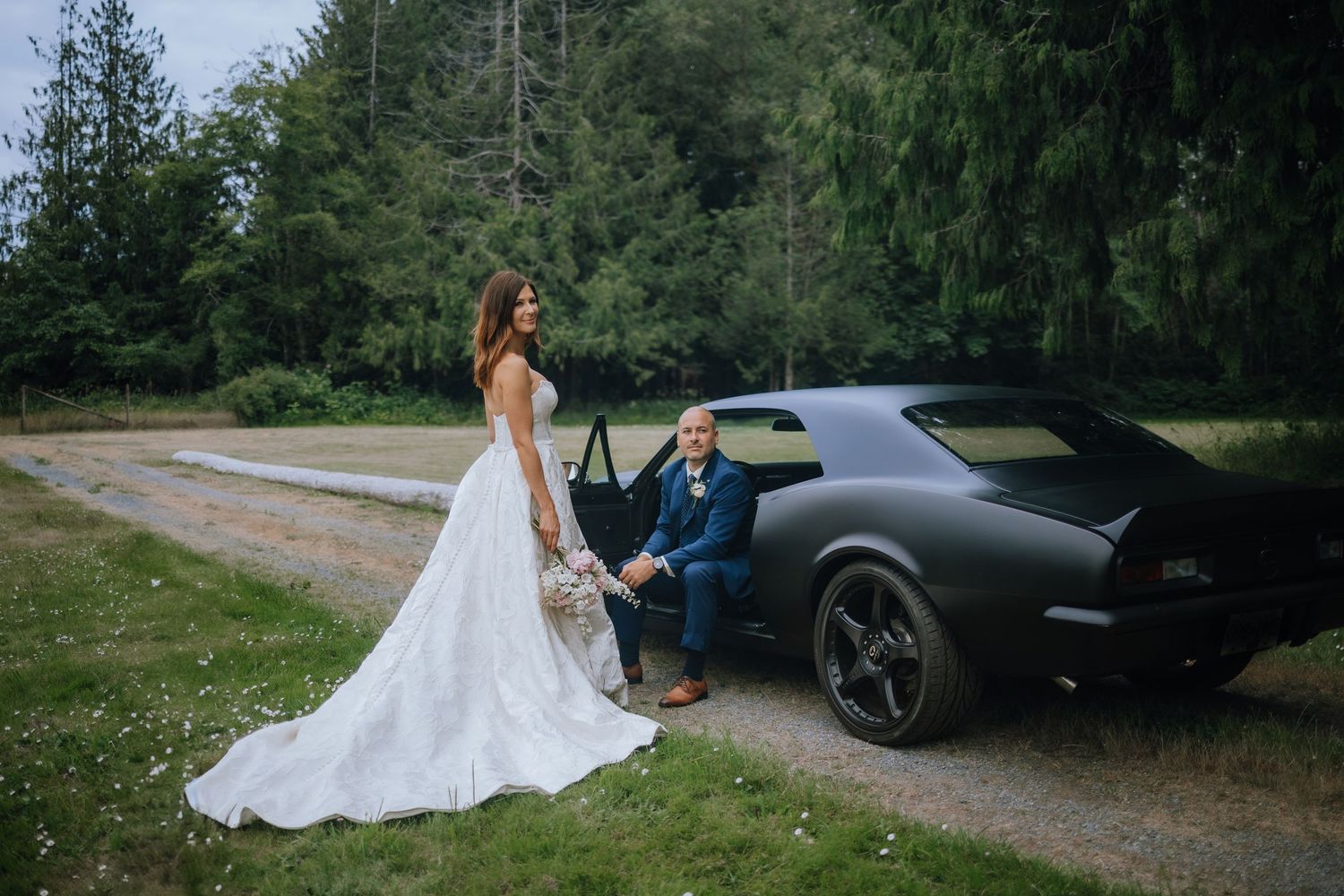 wedding portraits with a muscle car