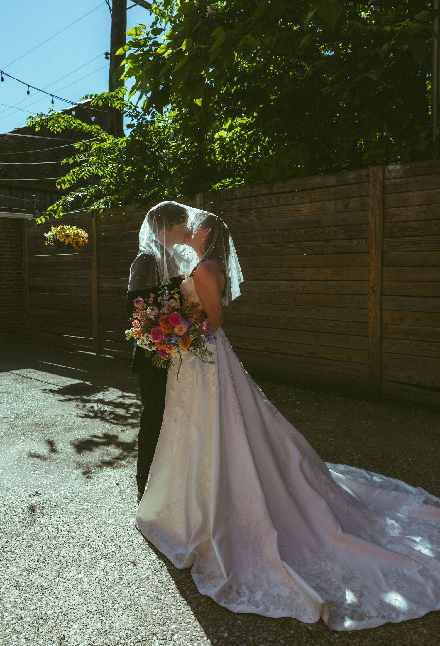 Bride and groom sharing a romantic portrait on their wedding day in Ohio.