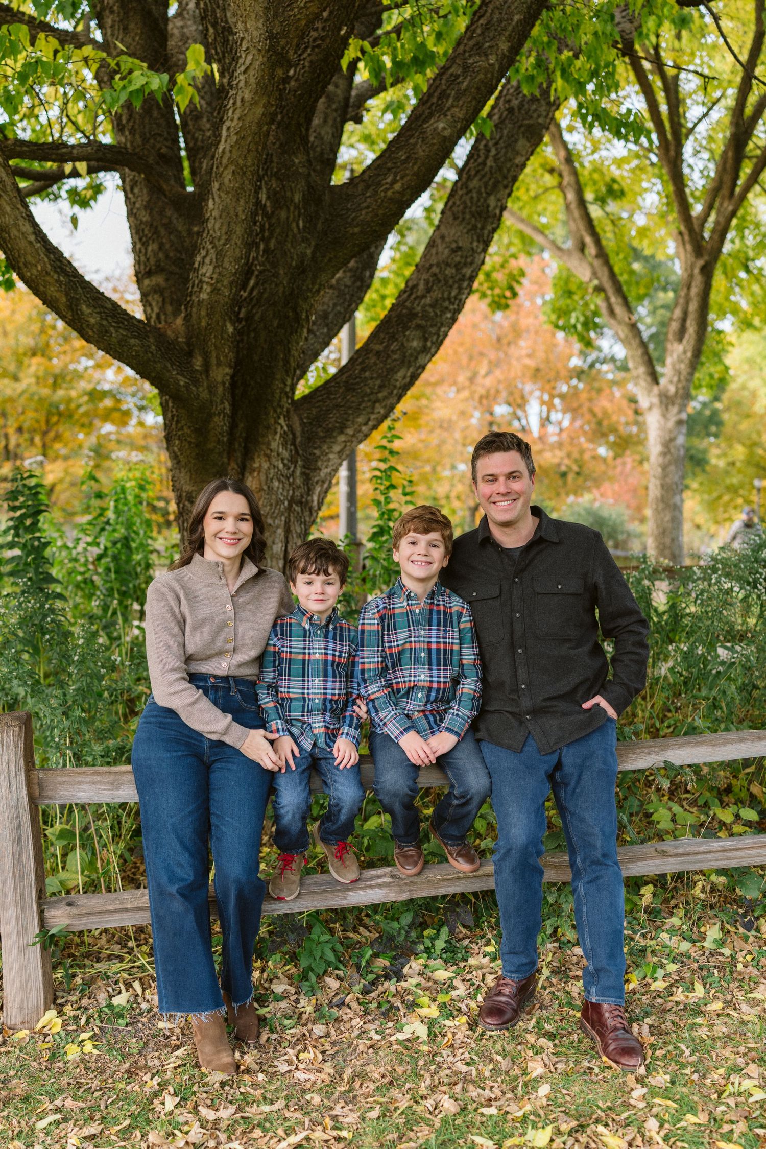 Family of four smiling outdoors on a wooden fence beneath a large tree with colorful autumn foliage.