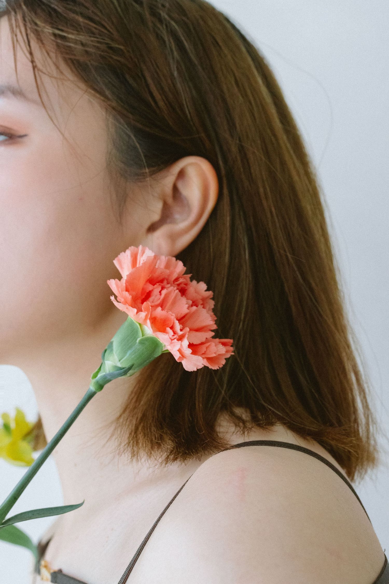 An artistic portrait showing a coral carnation flower against brown hair in profile.