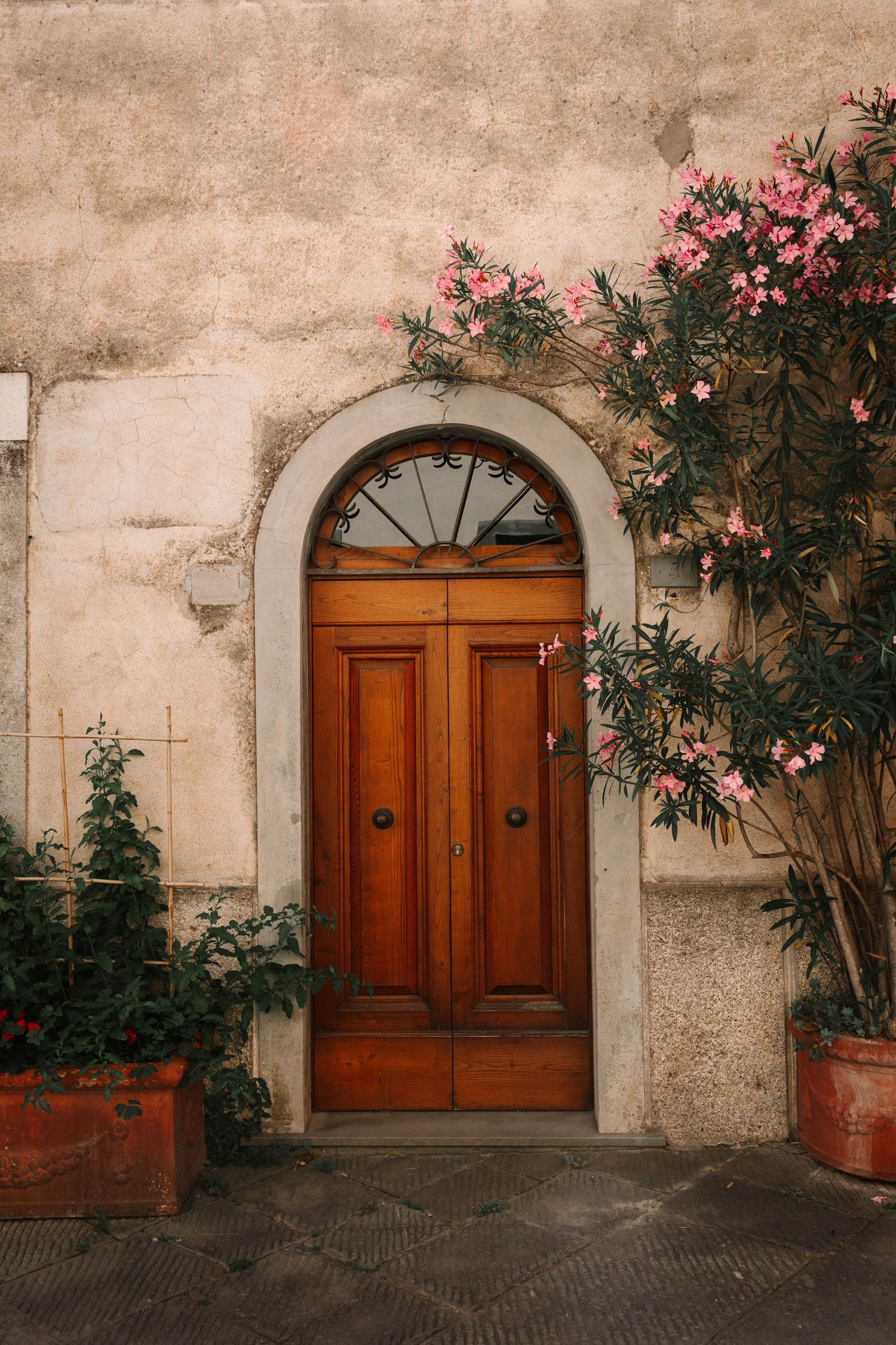 Rustic wooden arched double door on a weathered stone building, flanked by lush green plants and pink flowering oleander.