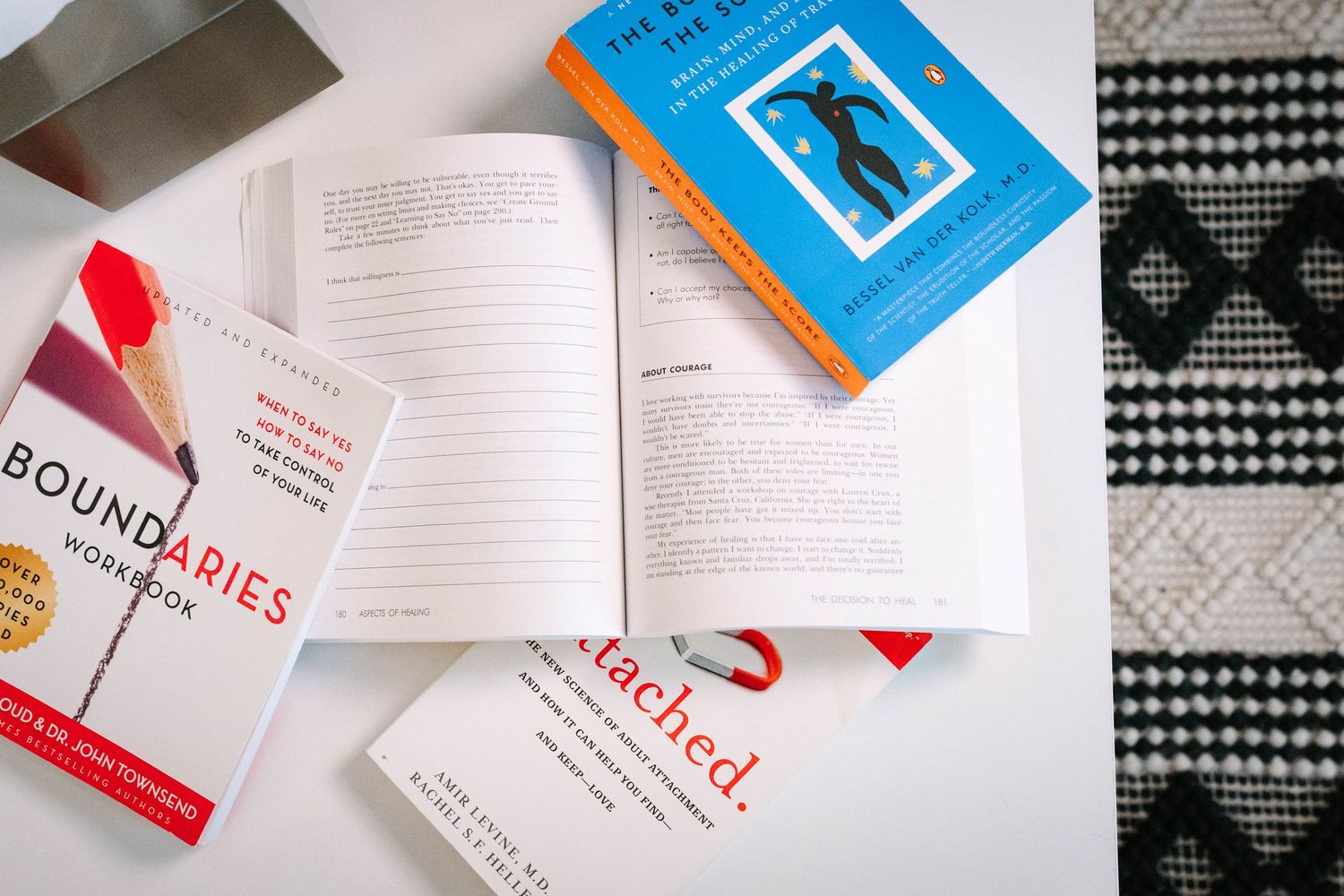 Open self-help books about boundaries and relationships laid out on a patterned surface.