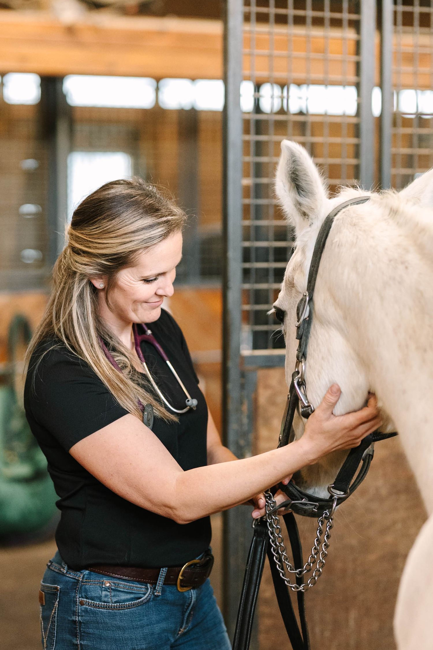 A series of tender moments between a woman in a black shirt and her white horse in a stable setting.