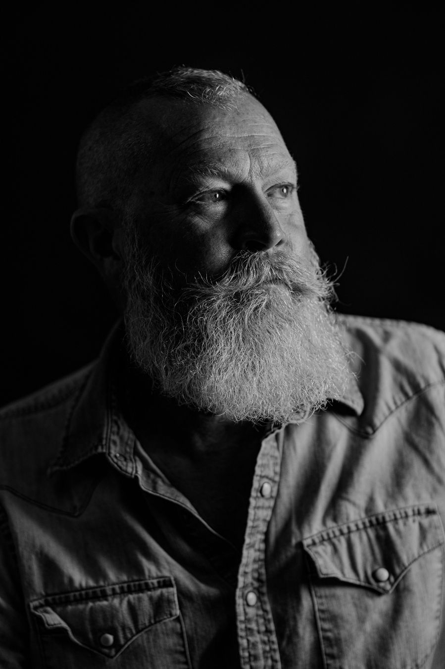 Close-up portraits of a bearded man in denim against dark background.