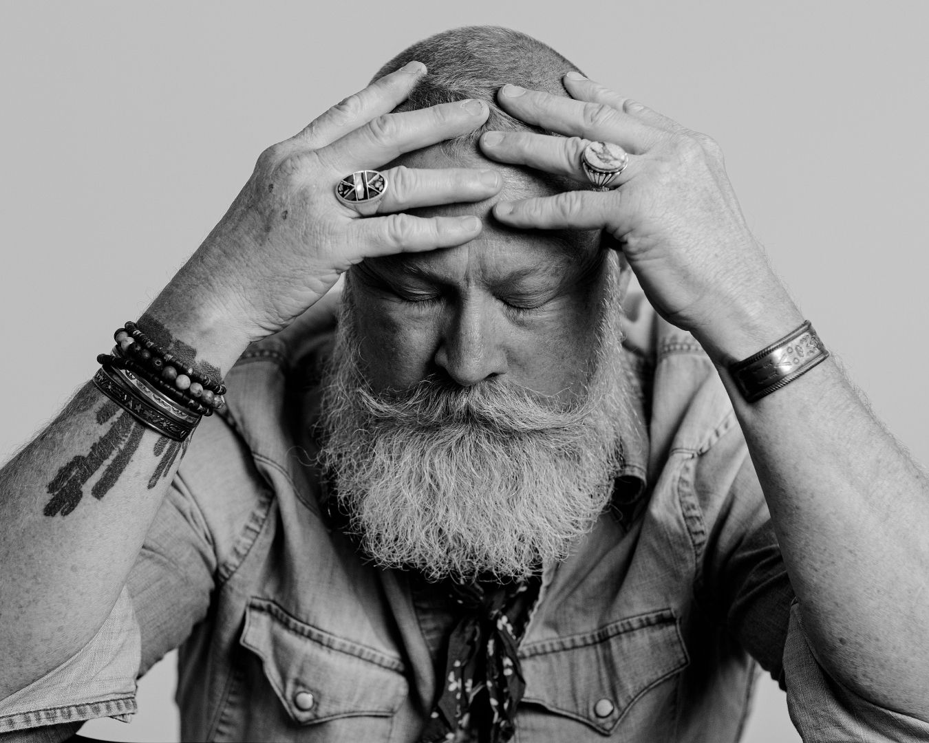 Black and white portrait sequence showing expressive hand gestures against face and head.