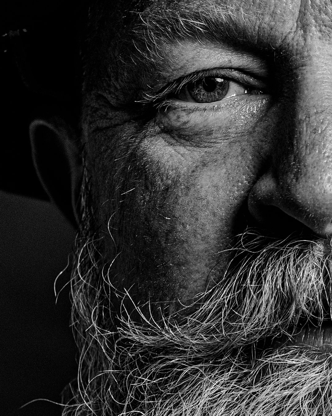 Dramatic black and white close-up of a thick grey beard against a dark background.
