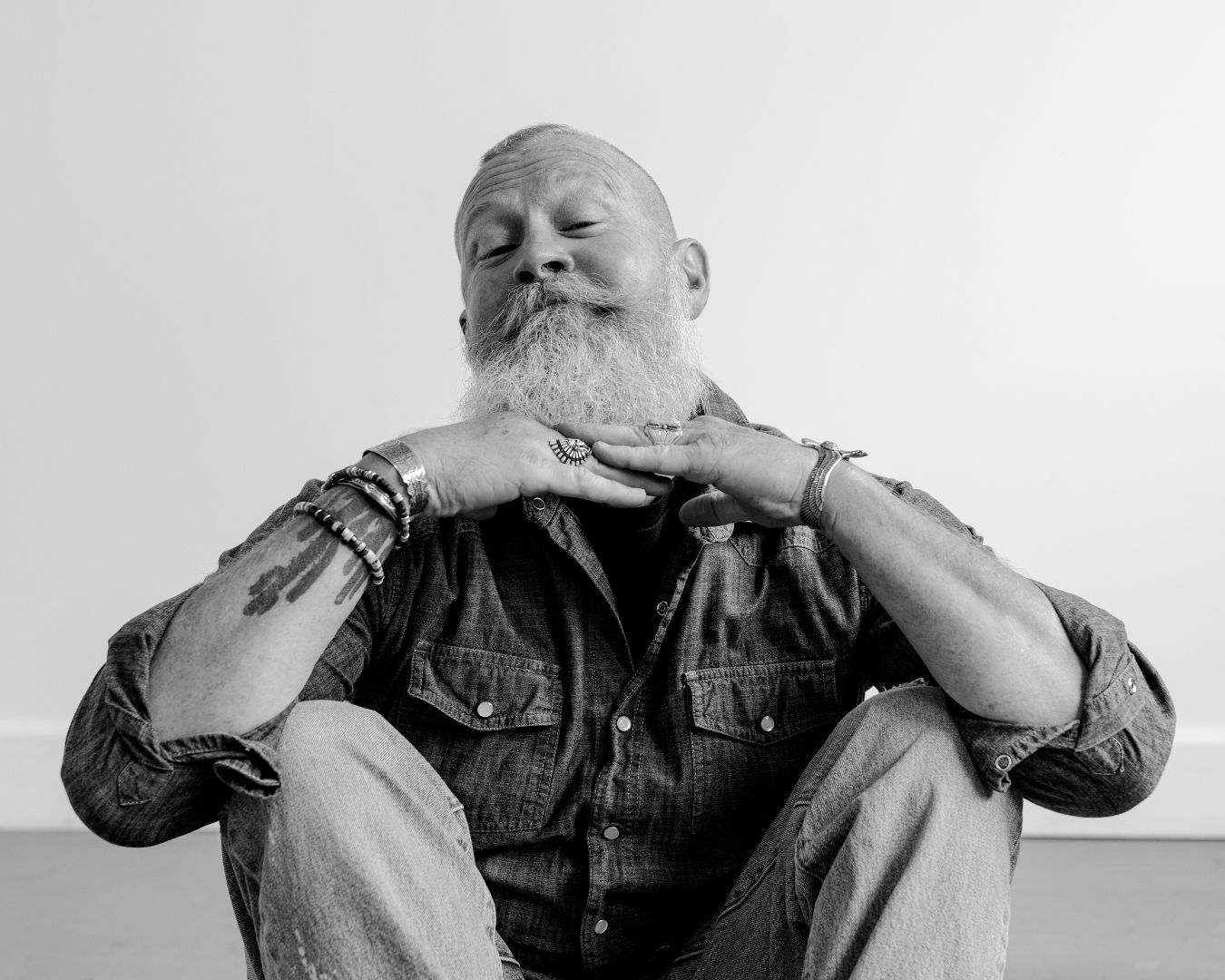 Monochrome portrait series showing gestural poses with beard and leather jacket.