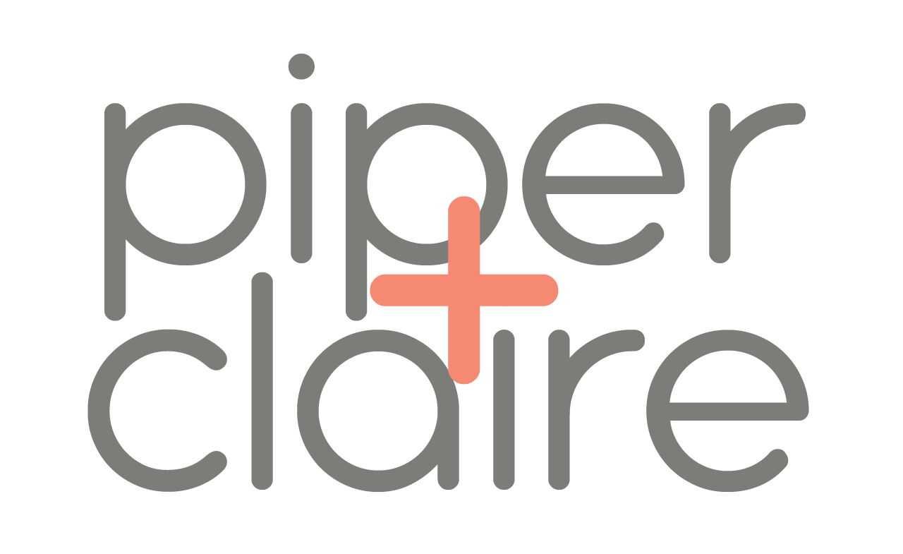 Piper and Claire brand logo in gray lowercase letters with an orange plus sign accent.