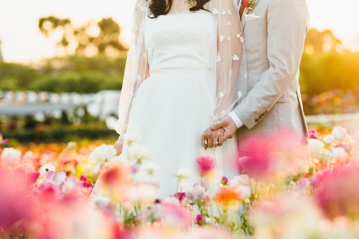 Wedding couple holding hands surrounded by colorful ranunculus flowers at golden hour.