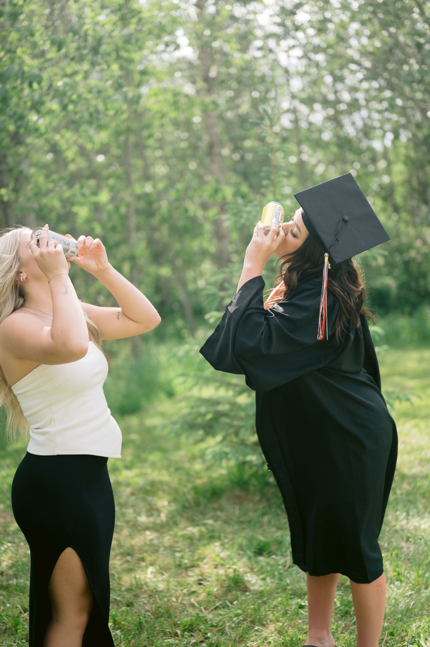 A celebratory graduation photo sequence with graduates posing playfully in caps and gowns.