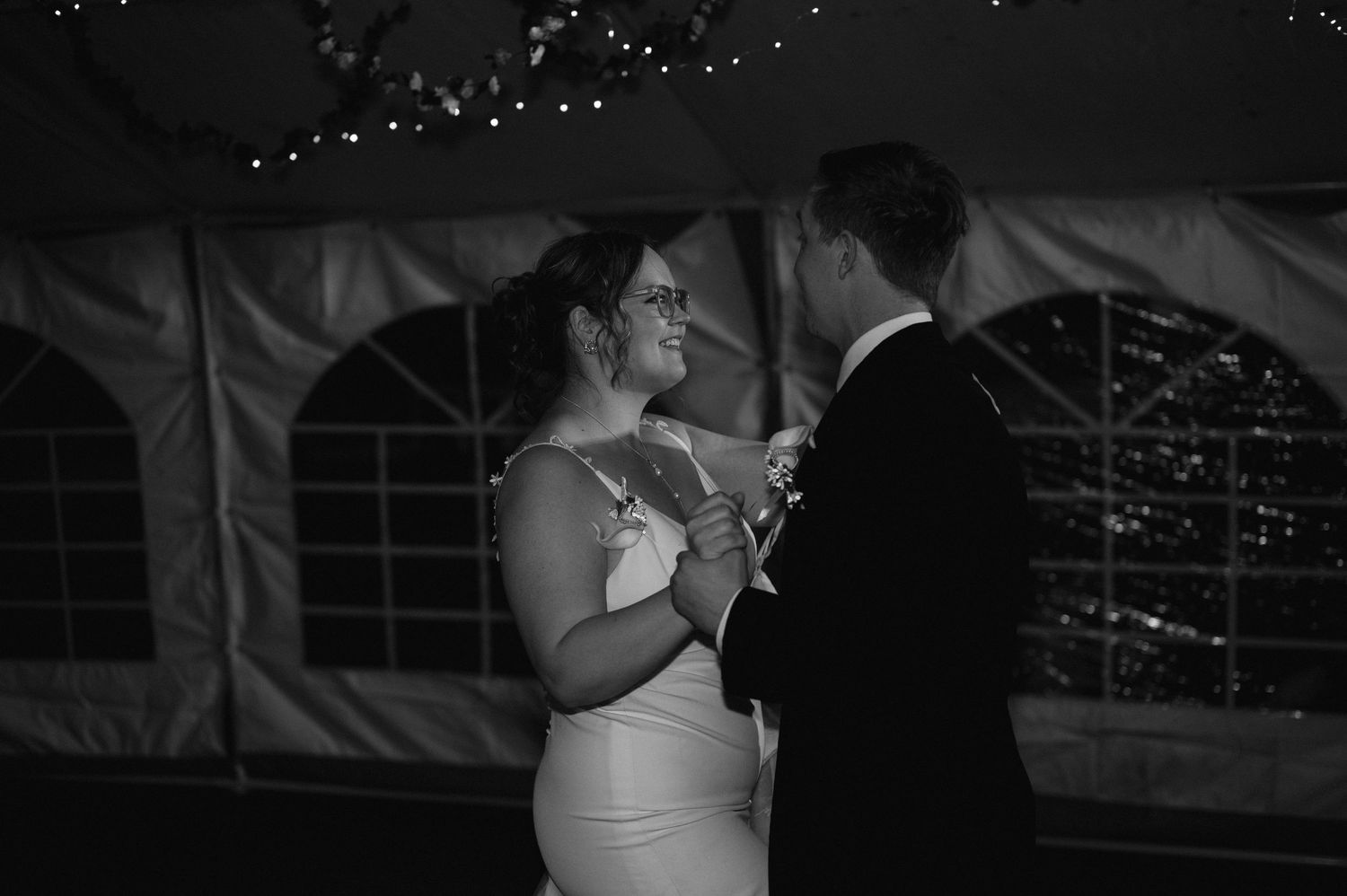 Black and white photo series showing couples dancing together at a romantic wedding reception celebration.