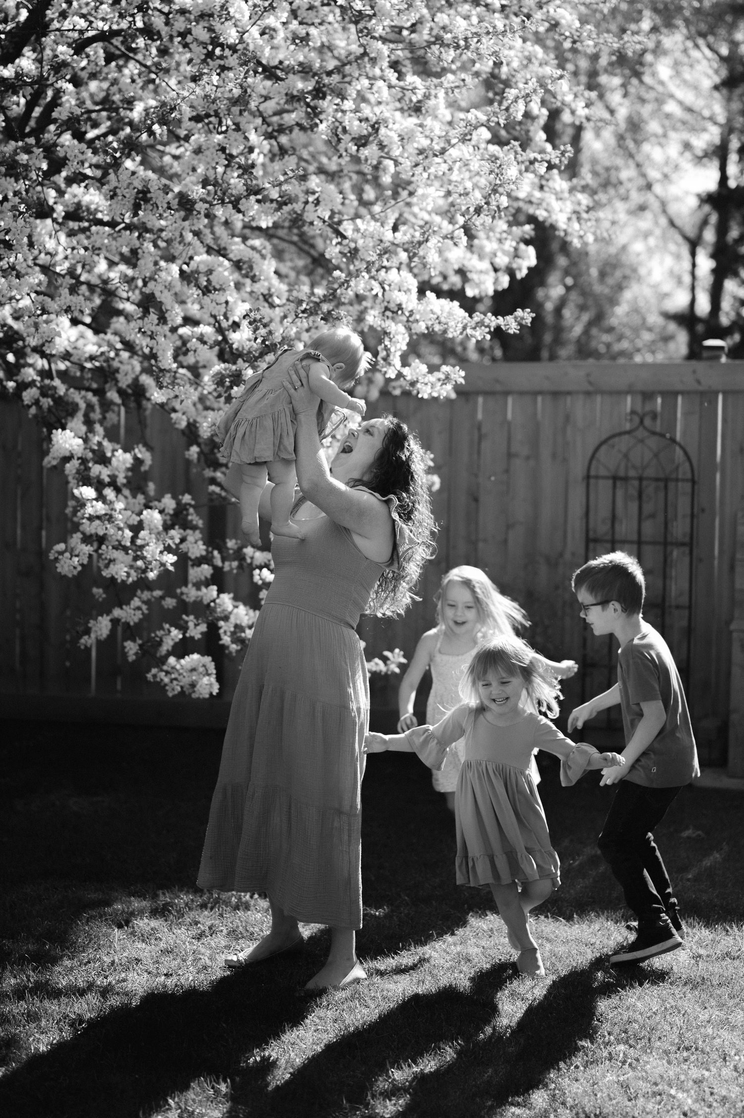 Two figures dance beneath blooming cherry blossoms in a backlit black and white garden scene.